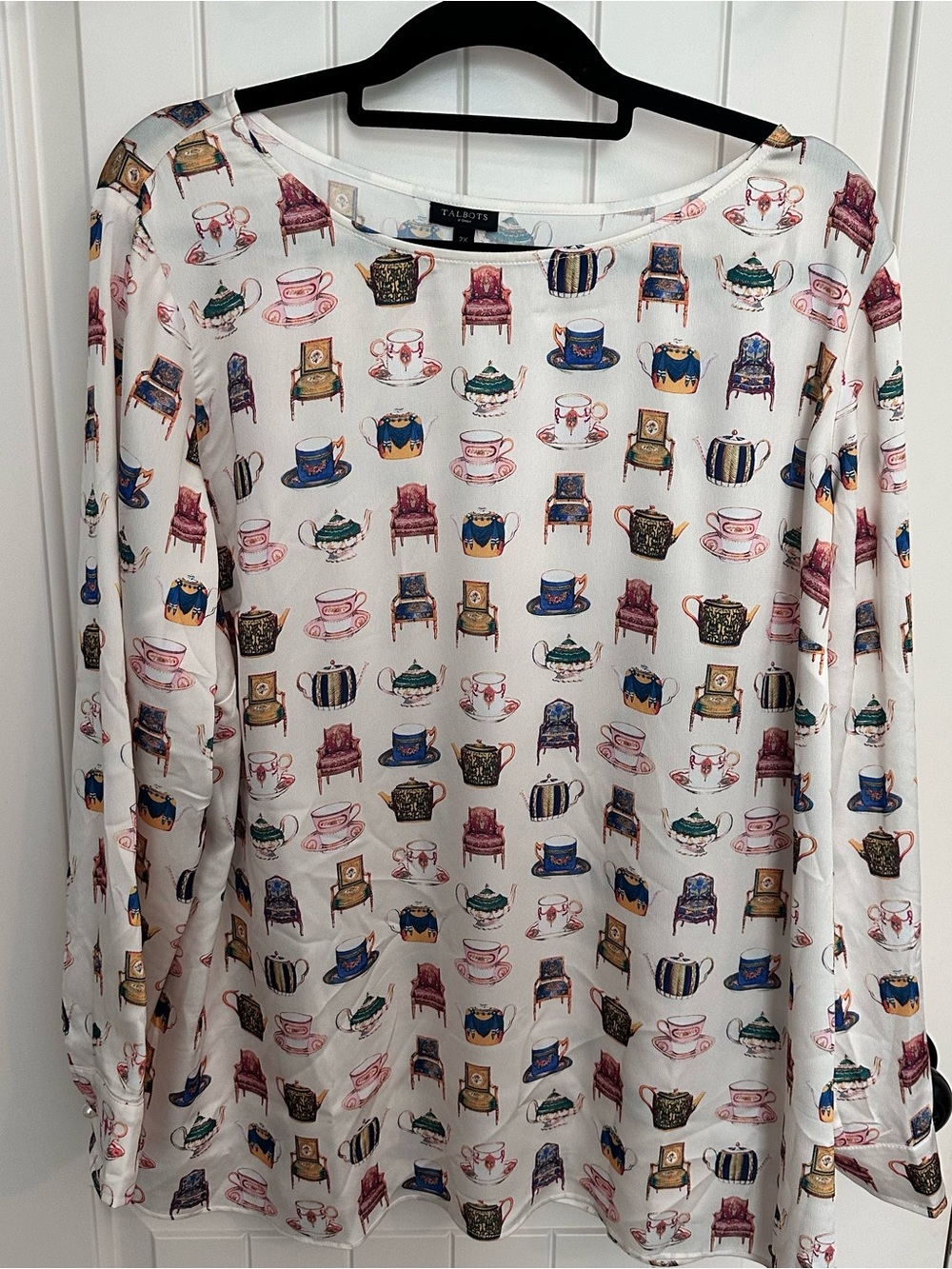 Talbots 2X Tea Time Teapot Teacup Whimsy Print Long Sleeve Satin Blouse Top